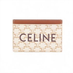 Celine Triomphe Canvas Leather Logo Card Holder Wallet White Tan
